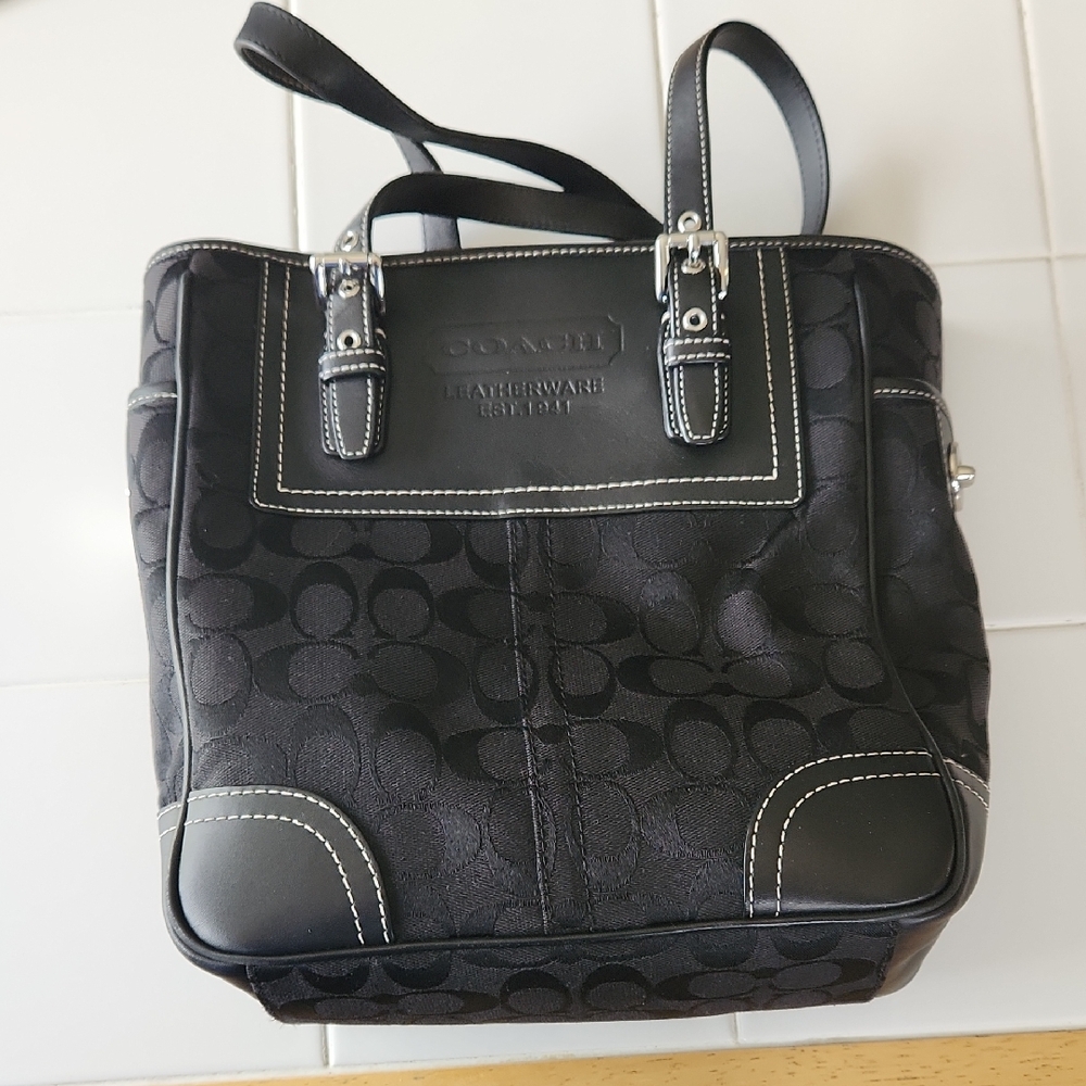 Coach Black Leatherware Tote with Signature Pattern
